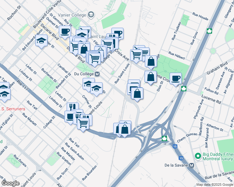 map of restaurants, bars, coffee shops, grocery stores, and more near 1500 Rue Saint-Louis in Montréal