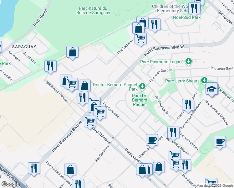 map of restaurants, bars, coffee shops, grocery stores, and more near 7354 Boulevard Henri Bourassa Ouest in Montréal