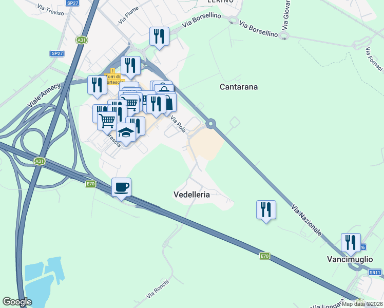 map of restaurants, bars, coffee shops, grocery stores, and more near 16 Via Vedelleria in Vedelleria