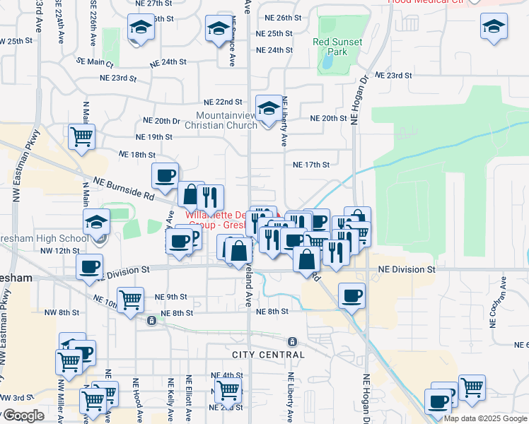 map of restaurants, bars, coffee shops, grocery stores, and more near 1410 Northeast Cleveland Avenue in Gresham