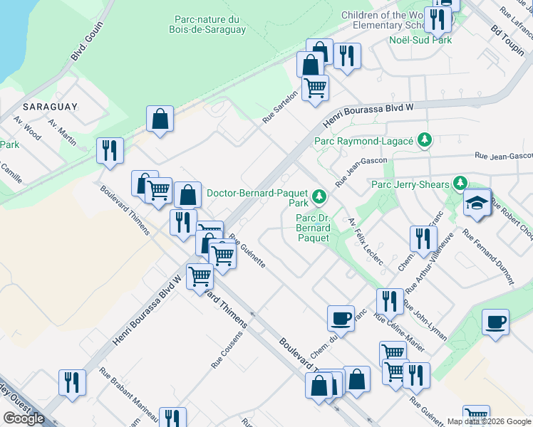 map of restaurants, bars, coffee shops, grocery stores, and more near 7354 Boulevard Henri Bourassa Ouest in Montréal
