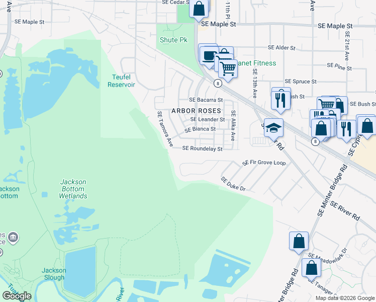 map of restaurants, bars, coffee shops, grocery stores, and more near 1066 Southeast Roundelay Street in Hillsboro