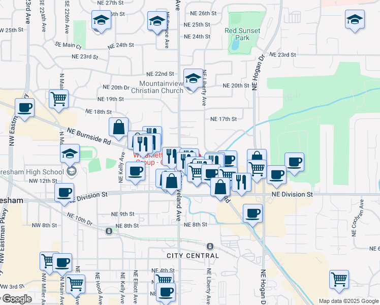 map of restaurants, bars, coffee shops, grocery stores, and more near 1245 Northeast 14th Lane in Gresham