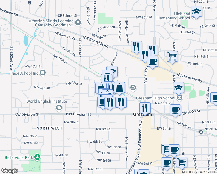 map of restaurants, bars, coffee shops, grocery stores, and more near 773 Northwest 13th Street in Gresham