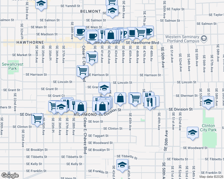 map of restaurants, bars, coffee shops, grocery stores, and more near 2232 Southeast 42nd Avenue in Portland