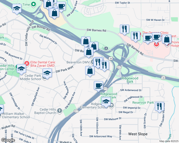 map of restaurants, bars, coffee shops, grocery stores, and more near 1800 Southwest Marlow Avenue in Portland