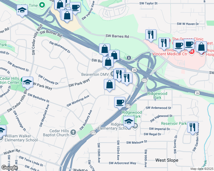 map of restaurants, bars, coffee shops, grocery stores, and more near 1800 Southwest Marlow Avenue in Portland