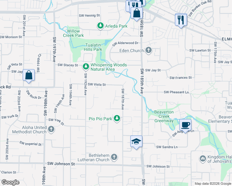 map of restaurants, bars, coffee shops, grocery stores, and more near 18845 Southwest Westland Lane in Beaverton