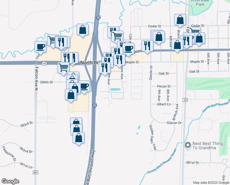 map of restaurants, bars, coffee shops, grocery stores, and more near 38463-38477 14th Avenue in North Branch