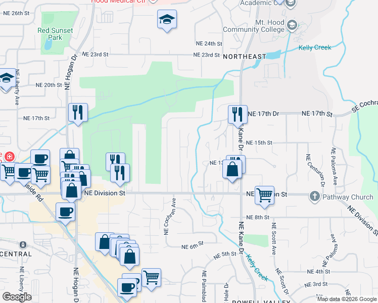 map of restaurants, bars, coffee shops, grocery stores, and more near 2794 Northeast 15th Street in Gresham