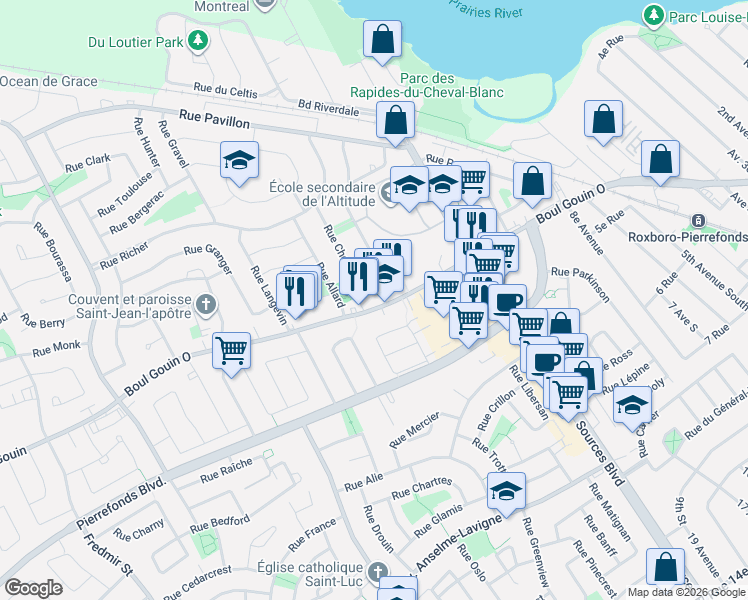 map of restaurants, bars, coffee shops, grocery stores, and more near 11985 Boulevard Gouin Ouest in Montréal