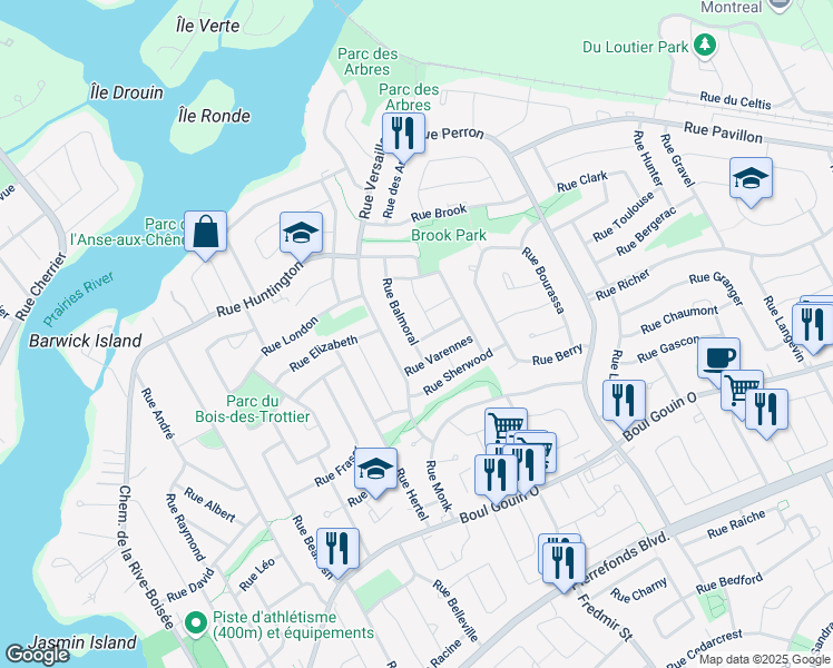 map of restaurants, bars, coffee shops, grocery stores, and more near 5115 Rue Balmoral in Montréal