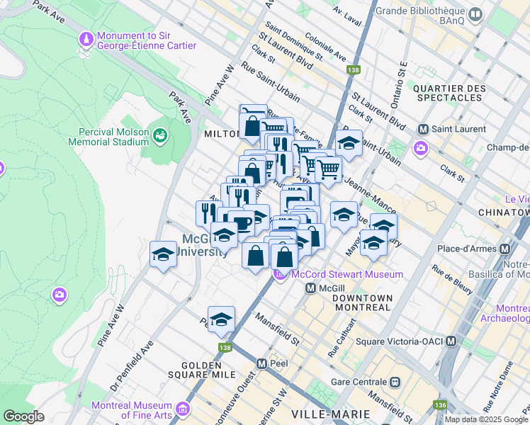 map of restaurants, bars, coffee shops, grocery stores, and more near in Montreal