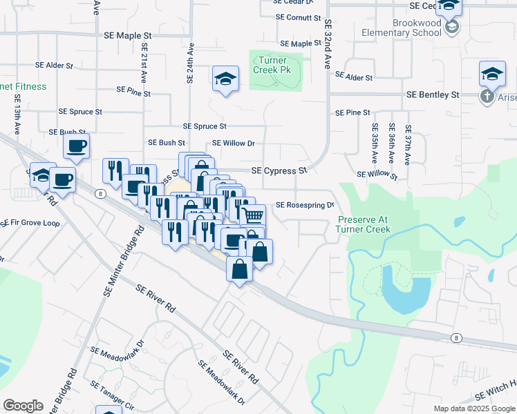 map of restaurants, bars, coffee shops, grocery stores, and more near 2772 Southeast Rosespring Drive in Hillsboro