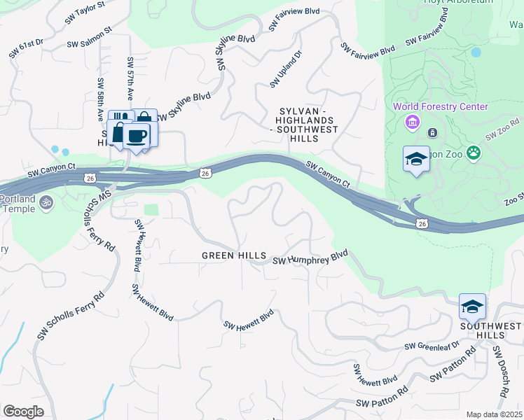 map of restaurants, bars, coffee shops, grocery stores, and more near 4850 Southwest Humphrey Park Crest in Portland