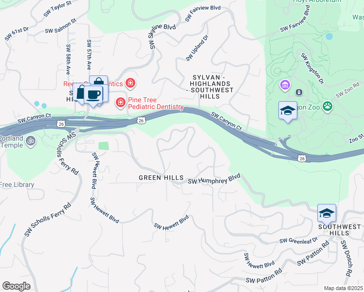 map of restaurants, bars, coffee shops, grocery stores, and more near 4850 Southwest Humphrey Park Crest in Portland