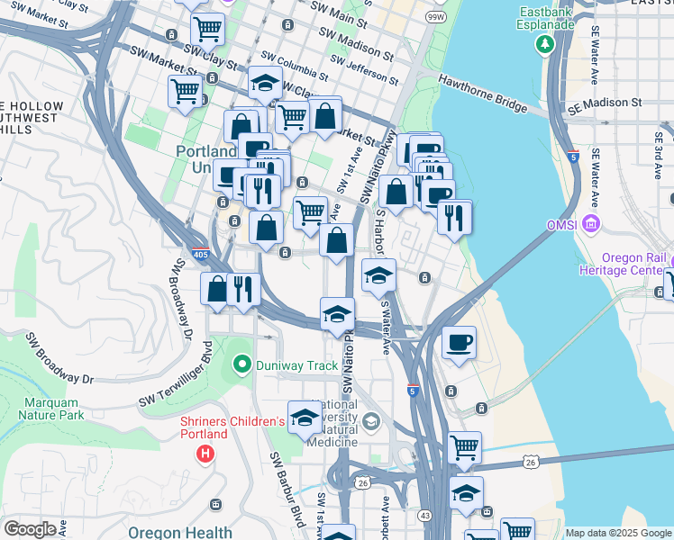 map of restaurants, bars, coffee shops, grocery stores, and more near 2145 Southwest Naito Parkway in Portland