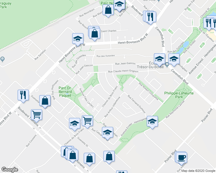 map of restaurants, bars, coffee shops, grocery stores, and more near 4080 Rue Jean-Bruchési in Montréal