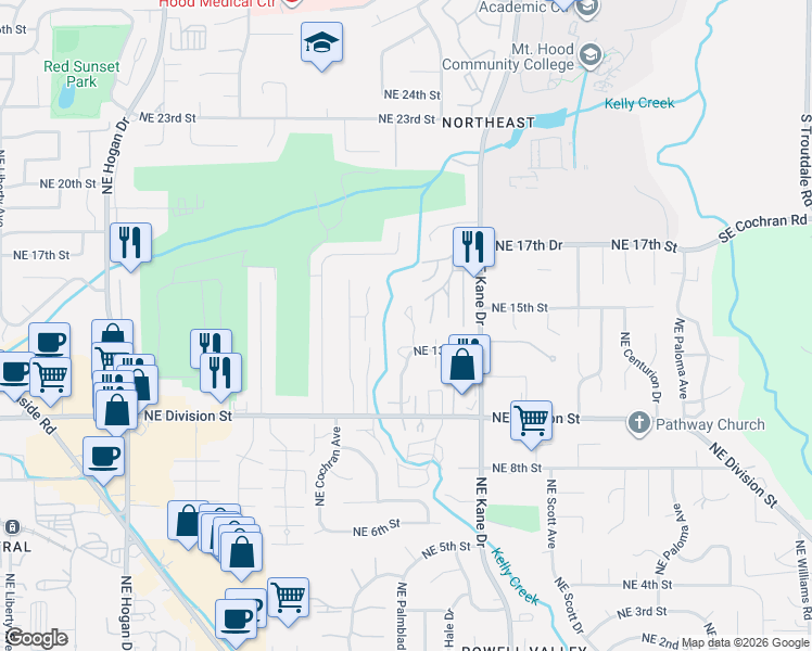 map of restaurants, bars, coffee shops, grocery stores, and more near 2905 Northeast 13th Street in Gresham