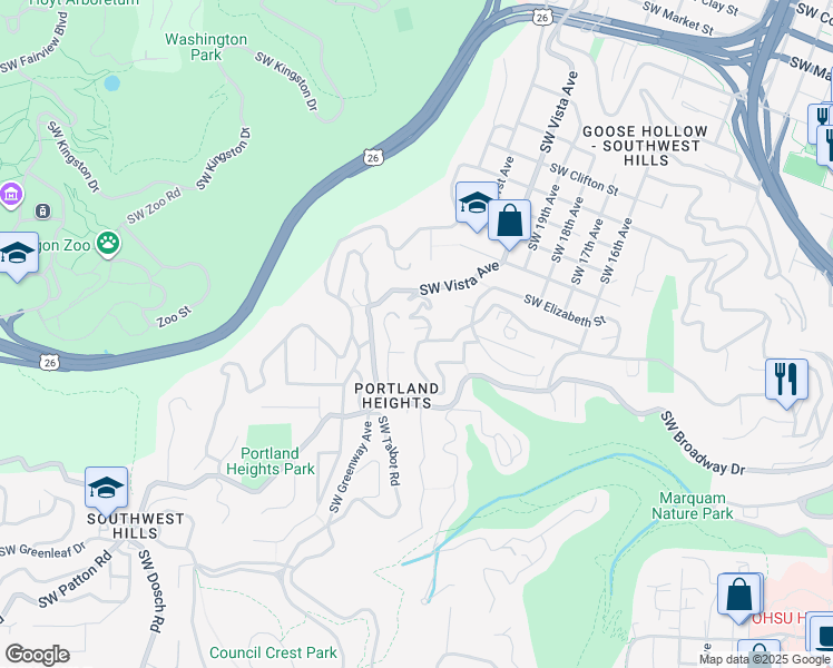 map of restaurants, bars, coffee shops, grocery stores, and more near Southwest Hillcrest Place in Portland