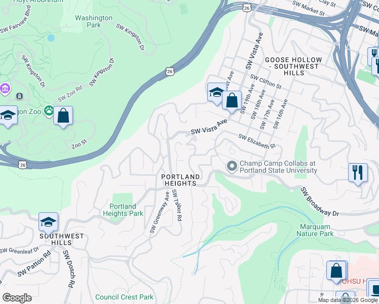 map of restaurants, bars, coffee shops, grocery stores, and more near 2640 Southwest Georgian Place in Portland