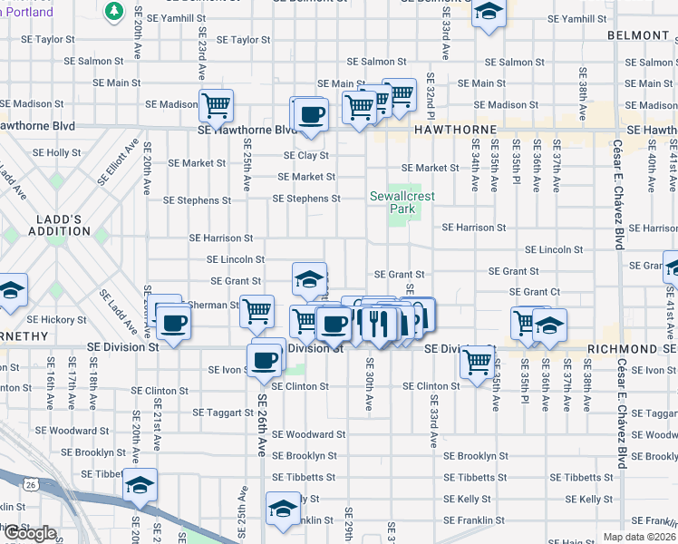 map of restaurants, bars, coffee shops, grocery stores, and more near 2135 Southeast 29th Avenue in Portland