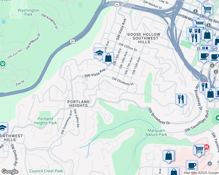 map of restaurants, bars, coffee shops, grocery stores, and more near 1755 Southwest High Street in Portland