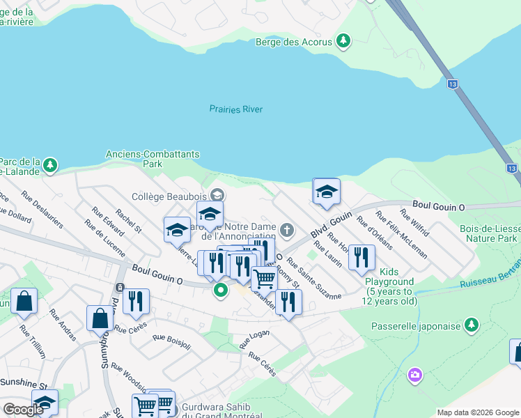 map of restaurants, bars, coffee shops, grocery stores, and more near 4732 Rue du Collège - Beaubois in Montréal