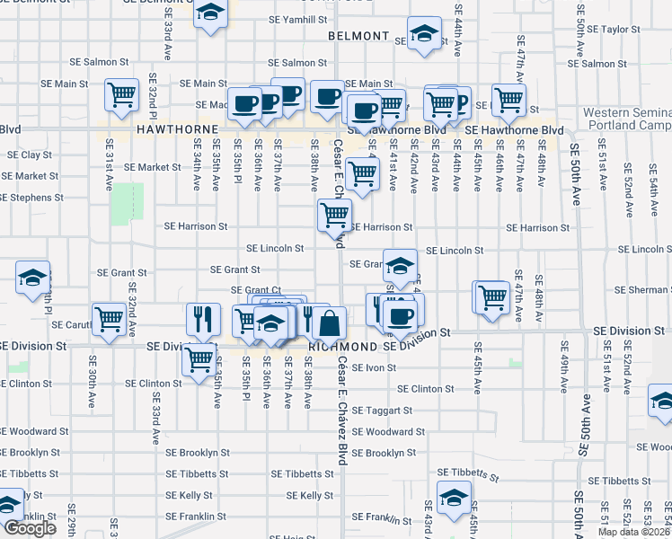 map of restaurants, bars, coffee shops, grocery stores, and more near 3815 Southeast Grant Court in Portland