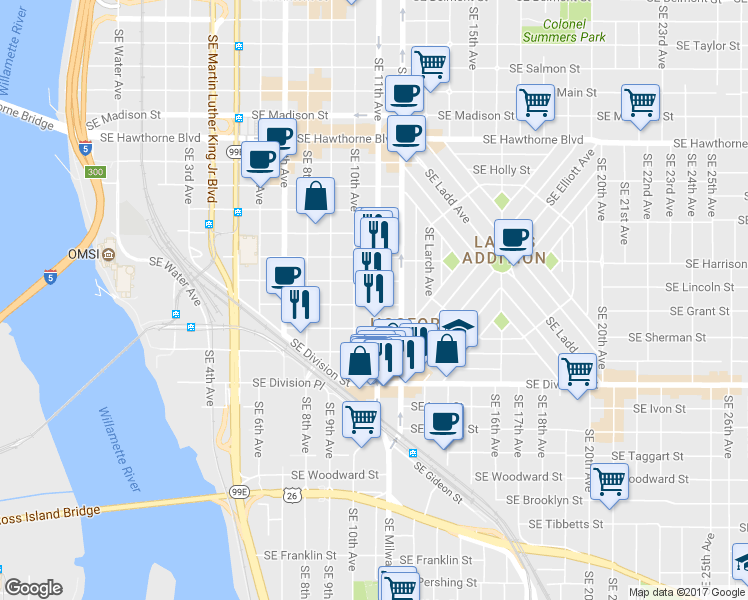 map of restaurants, bars, coffee shops, grocery stores, and more near 2133 Southeast 11th Avenue in Portland