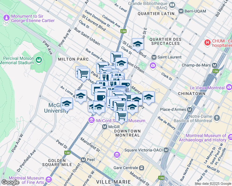 map of restaurants, bars, coffee shops, grocery stores, and more near in Montreal