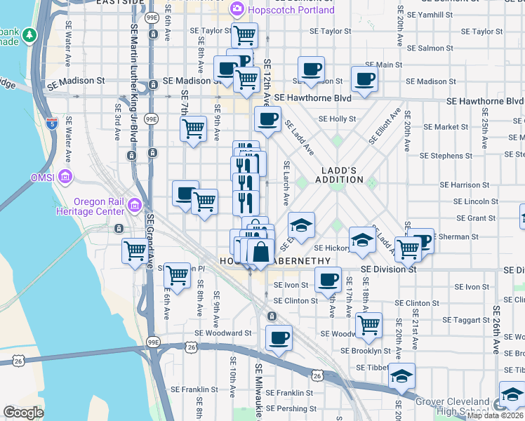 map of restaurants, bars, coffee shops, grocery stores, and more near in Portland