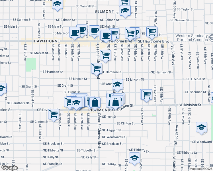 map of restaurants, bars, coffee shops, grocery stores, and more near 3954 Southeast Grant Street in Portland