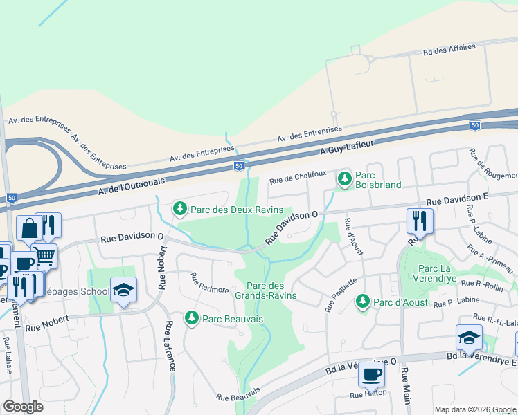 map of restaurants, bars, coffee shops, grocery stores, and more near 320 Rue de Chalifoux in Gatineau
