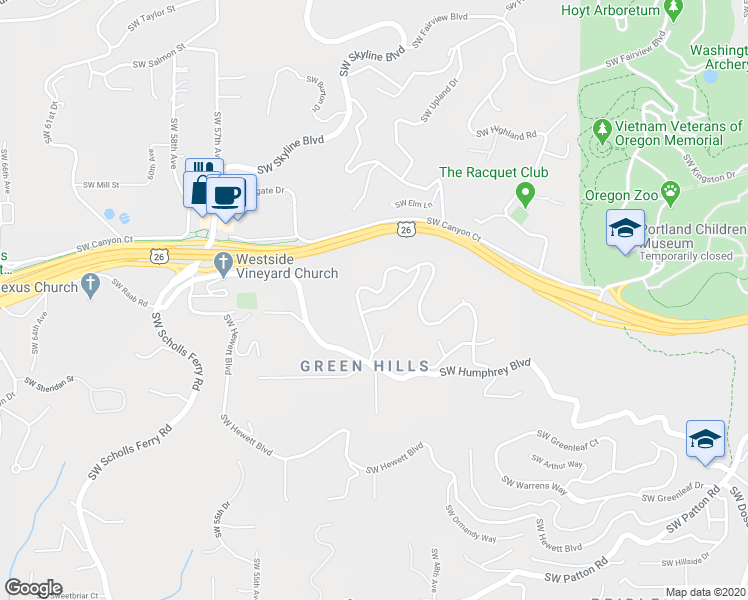 map of restaurants, bars, coffee shops, grocery stores, and more near 5002 Southwest Humphrey Park Road in Portland
