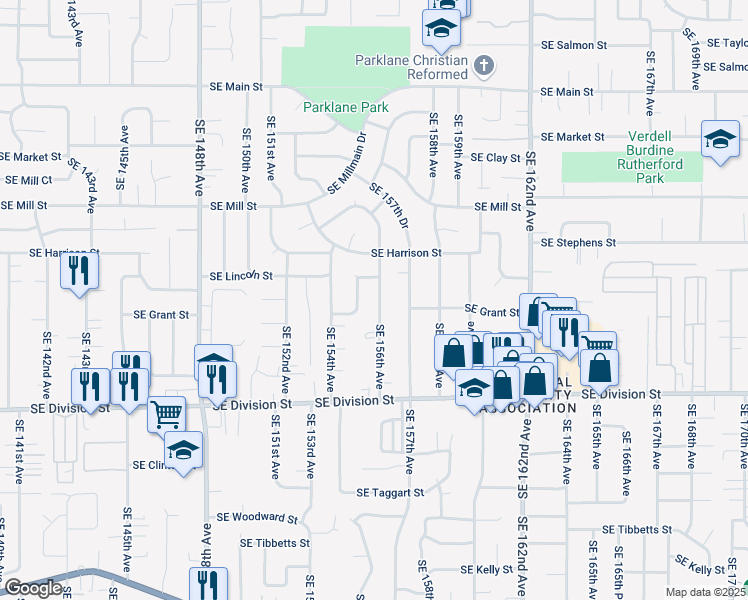 map of restaurants, bars, coffee shops, grocery stores, and more near 2121 Southeast 156th Avenue in Portland