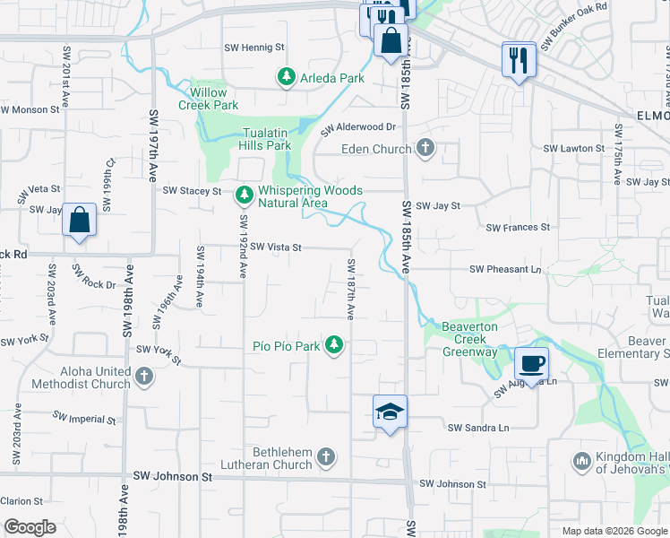map of restaurants, bars, coffee shops, grocery stores, and more near 1724 Southwest Willowview Terrace in Beaverton