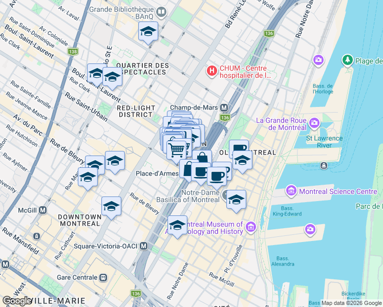 map of restaurants, bars, coffee shops, grocery stores, and more near 1 Avenue Viger Ouest in Montréal