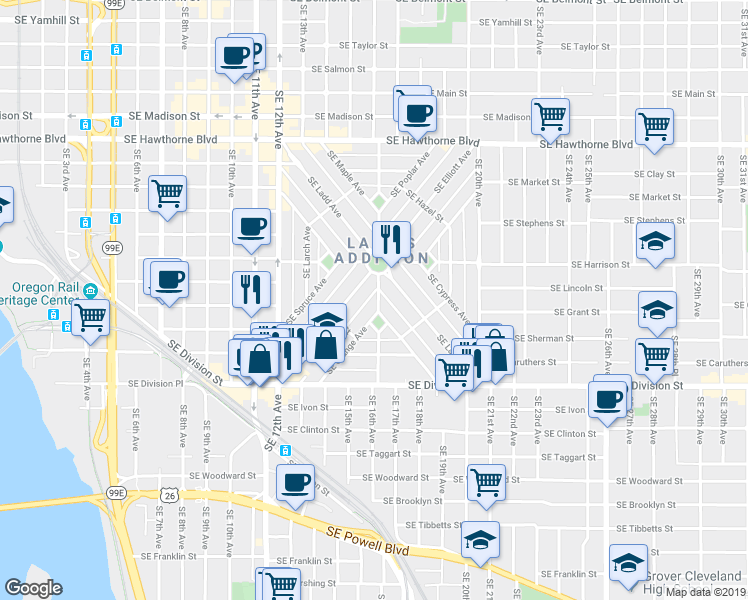 map of restaurants, bars, coffee shops, grocery stores, and more near 2118 Southeast Tamarack Avenue in Portland
