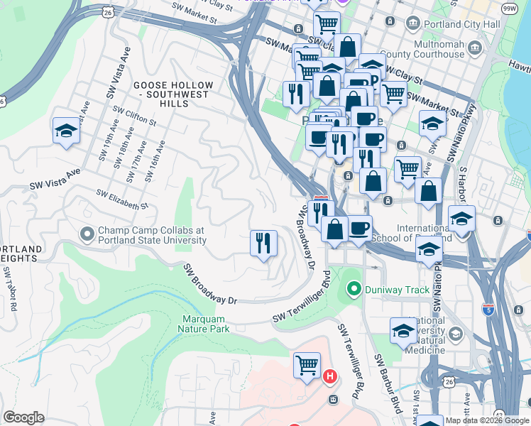 map of restaurants, bars, coffee shops, grocery stores, and more near 2562 Southwest Buckingham Avenue in Portland