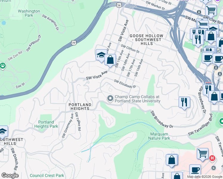 map of restaurants, bars, coffee shops, grocery stores, and more near 1755 Southwest High Street in Portland