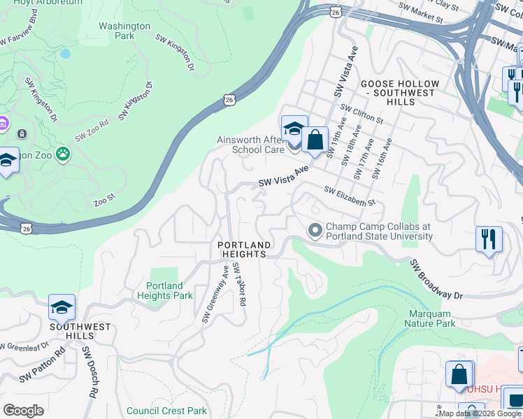 map of restaurants, bars, coffee shops, grocery stores, and more near 2566 Southwest Ravensview Drive in Portland