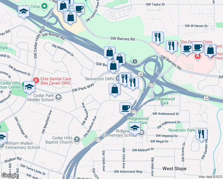 map of restaurants, bars, coffee shops, grocery stores, and more near 1800 Southwest Marlow Avenue in Portland