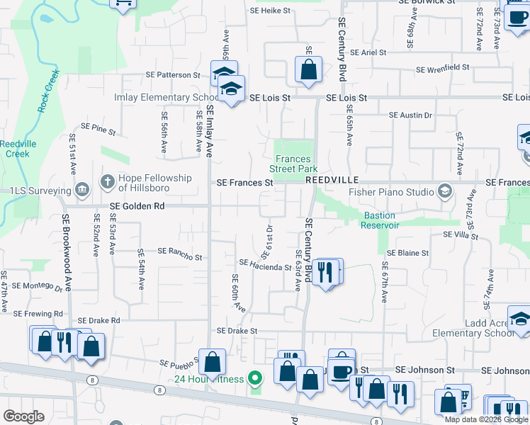 map of restaurants, bars, coffee shops, grocery stores, and more near 6116 Southeast Golden Street in Hillsboro