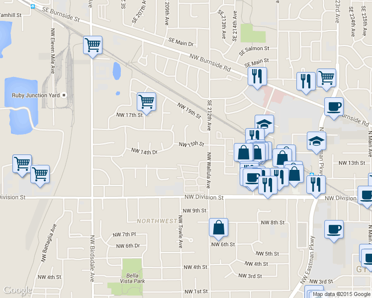 map of restaurants, bars, coffee shops, grocery stores, and more near 1494 Northwest 15th Street in Gresham