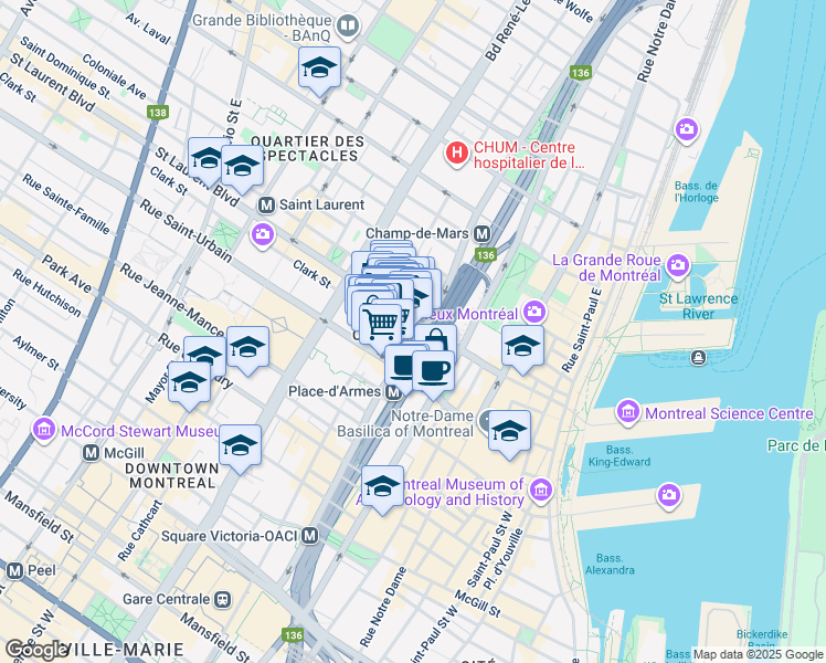 map of restaurants, bars, coffee shops, grocery stores, and more near in Montreal