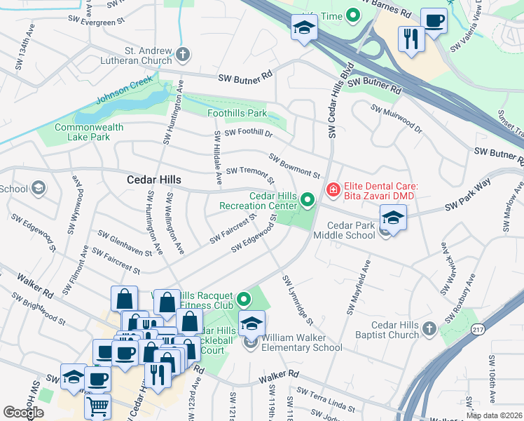 map of restaurants, bars, coffee shops, grocery stores, and more near 11940 Southwest Faircrest Street in Portland