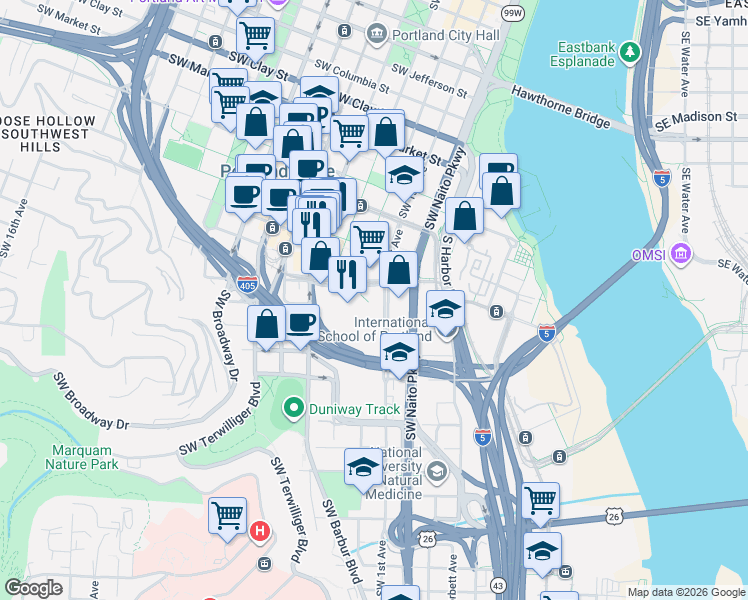 map of restaurants, bars, coffee shops, grocery stores, and more near 2211 Southwest 1st Avenue in Portland