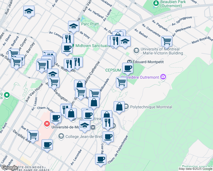 map of restaurants, bars, coffee shops, grocery stores, and more near 200 Avenue Willowdale in Montrã©Al