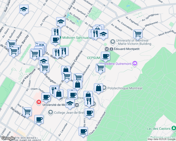 map of restaurants, bars, coffee shops, grocery stores, and more near 200 Avenue Willowdale in Montréal